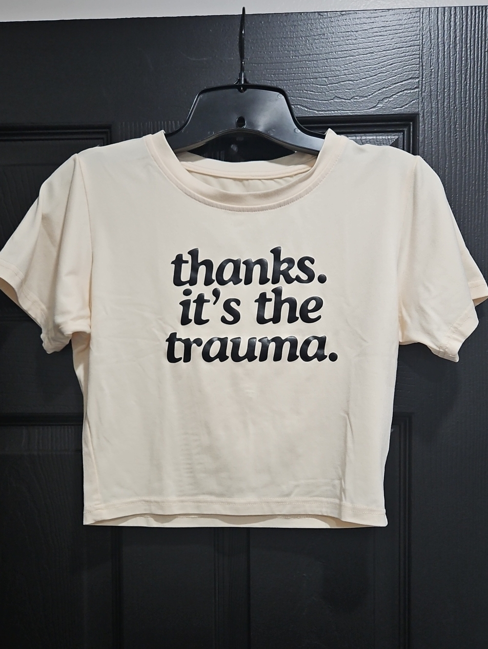 SHEIN Cream Graphic Crop Tee with Black Text